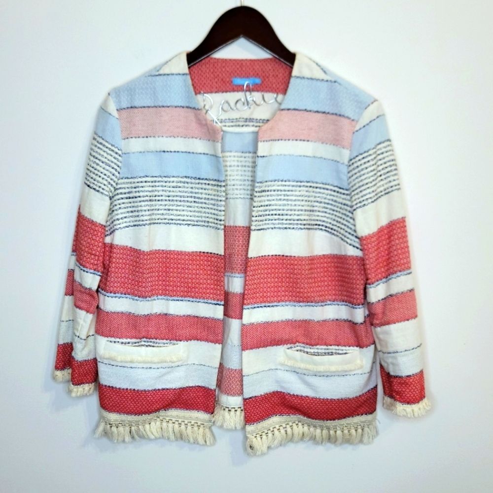 J. Mclaughlin Striped Tassel Cropped Lightweight Open Jacket Size Medium